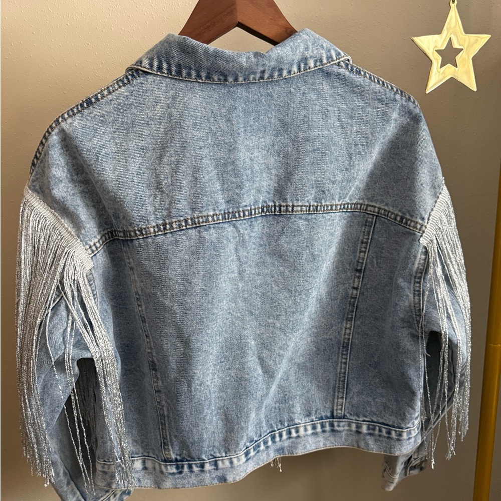 Fringe Denim Jacket Western Cropped Light Wash Festival Rodeo Jacket M - Picture 11 of 13